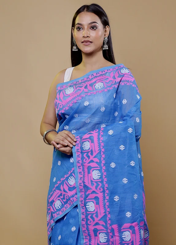 Blue Tant Jamdani Saree Without Blouse Piece Onesize