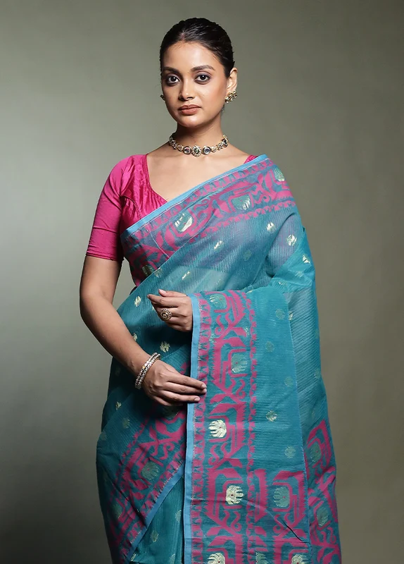 Green Tant Jamdani Saree Without Blouse Piece Onesize