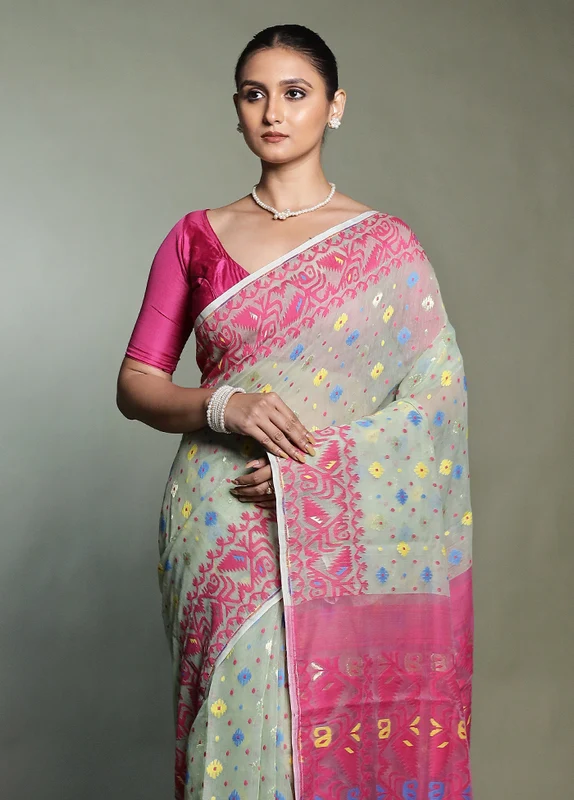 Pink Tant Jamdani Saree Without Blouse Piece Onesize