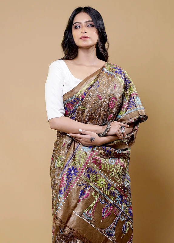 Brown Handloom Kantha Stitch Pure Silk Saree With Blouse Piece Onesize