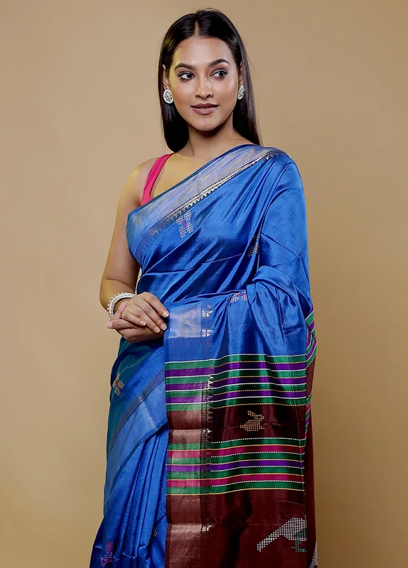Blue Kalakshetra Kanjivaram Silk Saree With Blouse Piece Onesize