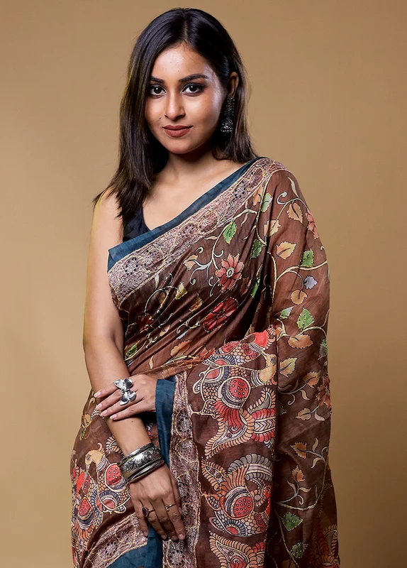 Brown Cotton Saree With Blouse Piece Onesize