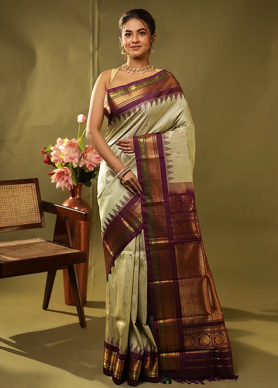 Green Gadwal Pure Silk Saree Without Blouse Piece One Size