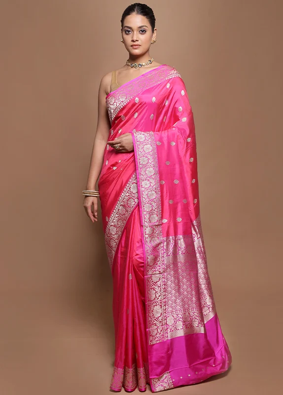 Pink Handloom Katan Pure Silk Saree With Blouse Piece Onesize