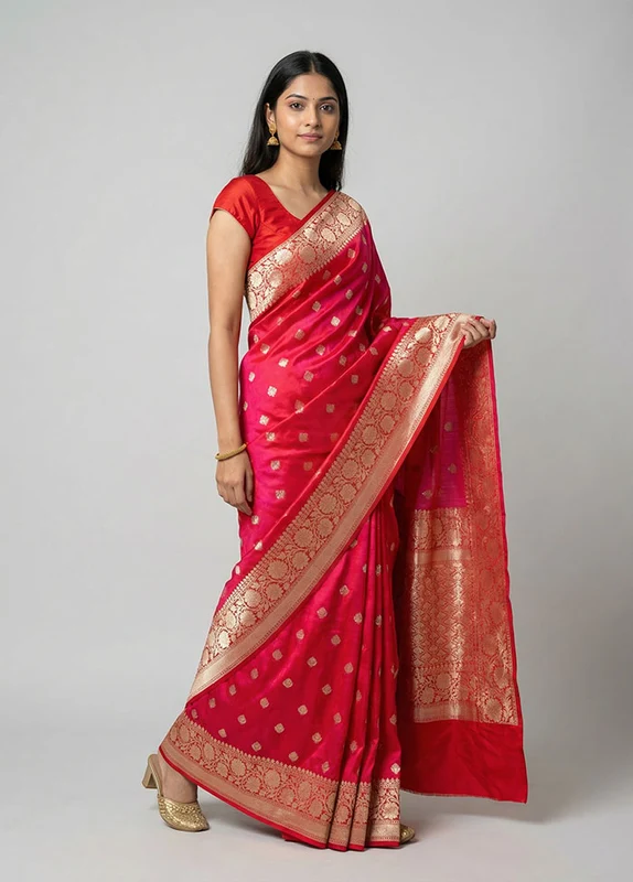 Pink Handloom Katan Pure Silk Saree With Blouse Piece One Size