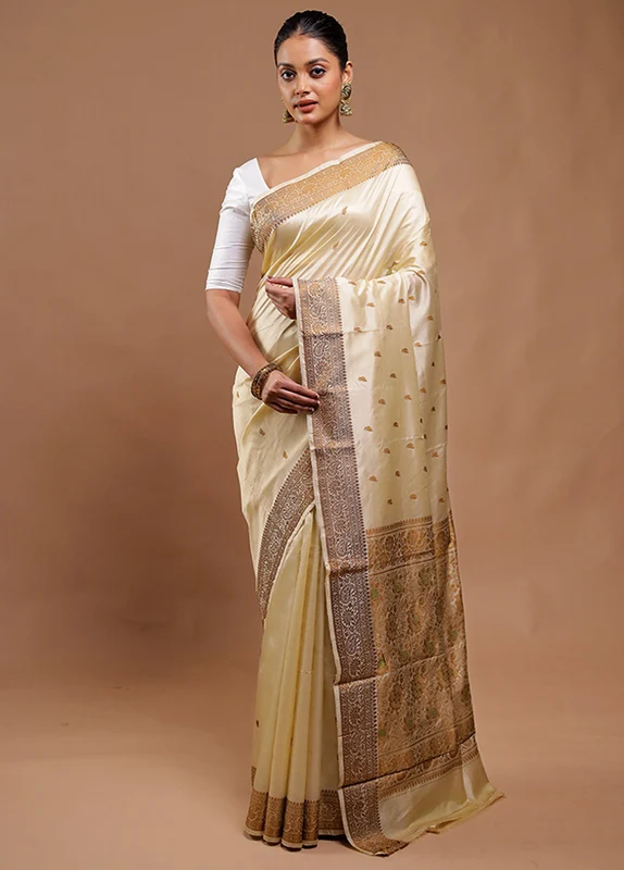Cream Handloom Katan Pure Silk Saree With Blouse Piece Onesize
