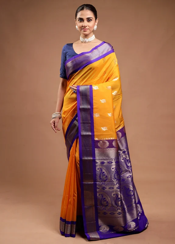 Yellow Kanjivaram Silk Saree With Blouse Piece Onesize