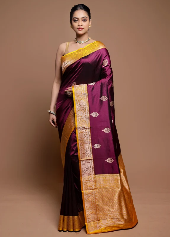 Purple Handloom Katan Pure Silk Saree With Blouse Piece Onesize