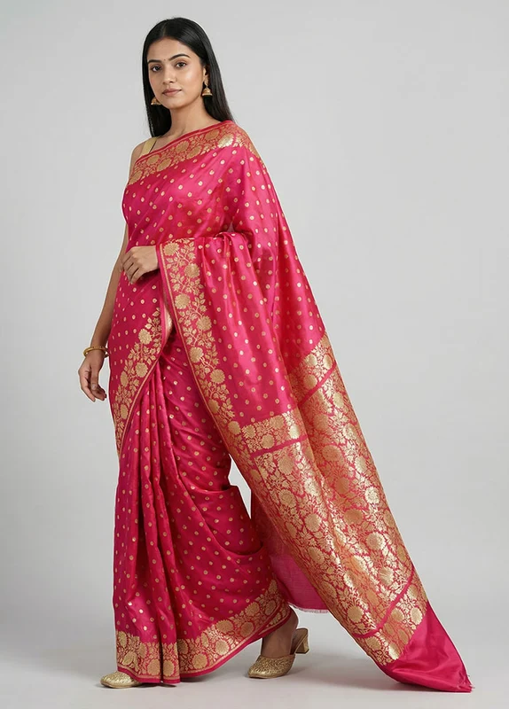 Pink Handloom Banarasi Pure Silk Saree With Blouse Piece One Size