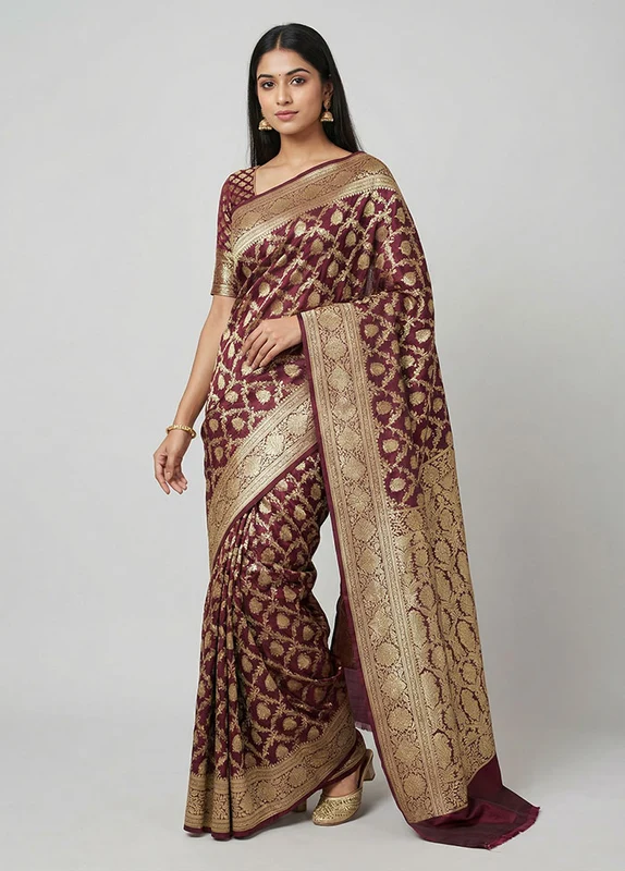 Maroon Handloom Banarasi Pure Silk Saree With Blouse Piece One Size