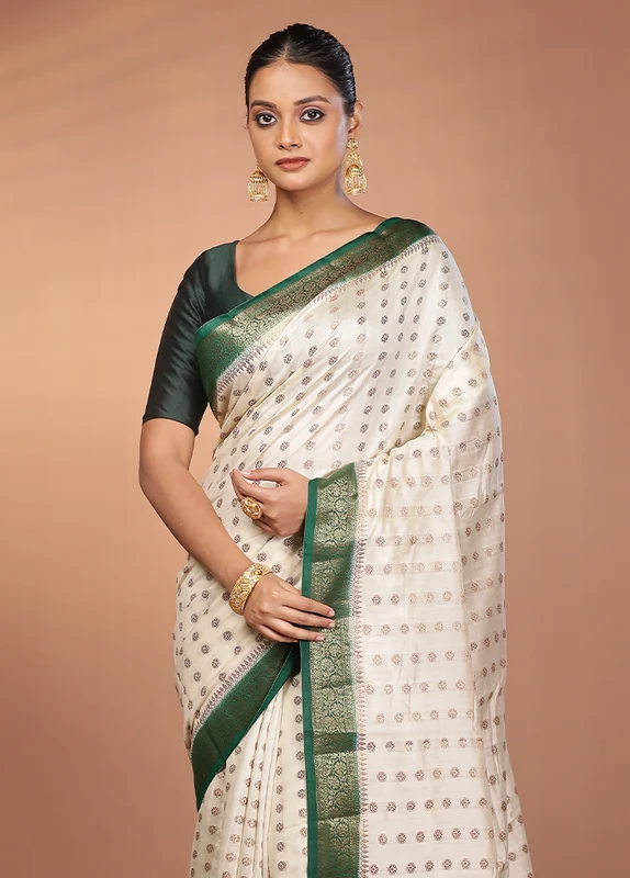 White Handloom Dupion Pure Silk Saree With Blouse Piece Onesize
