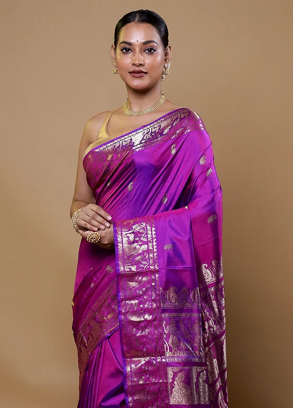 Purple Handloom Baluchari Pure Silk Saree With Blouse Piece Onesize