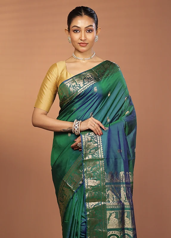 Green Handloom Baluchari Pure Silk Saree With Blouse Piece One Size
