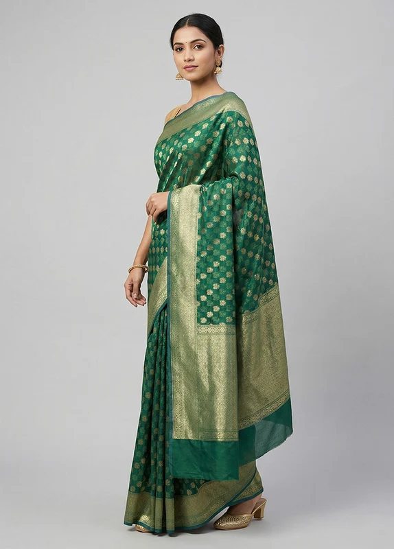 Green Kora Silk Saree With Blouse Piece One Size