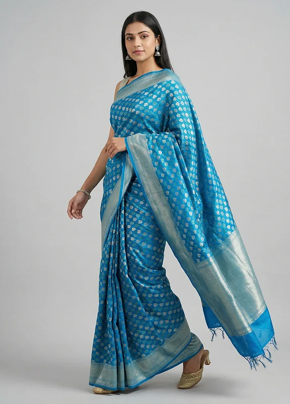 Blue Kora Silk Saree With Blouse Piece One Size