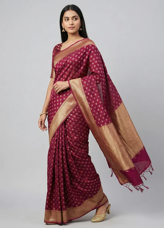 Purple Kora Silk Saree With Blouse Piece One Size