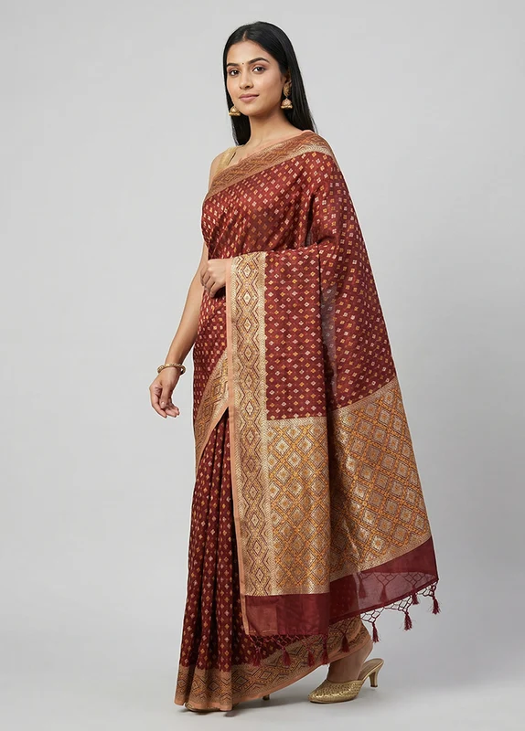 Maroon Kora Silk Saree With Blouse Piece One Size