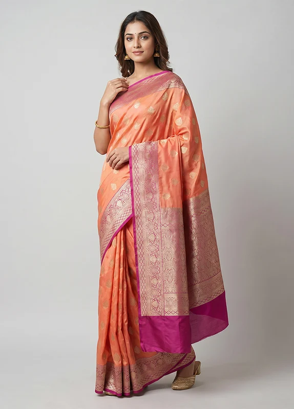 Pink Katan Silk Saree With Blouse Piece One Size