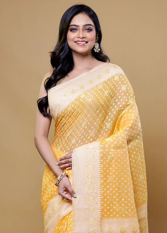 Yellow Kora Silk Saree With Blouse Piece Onesize