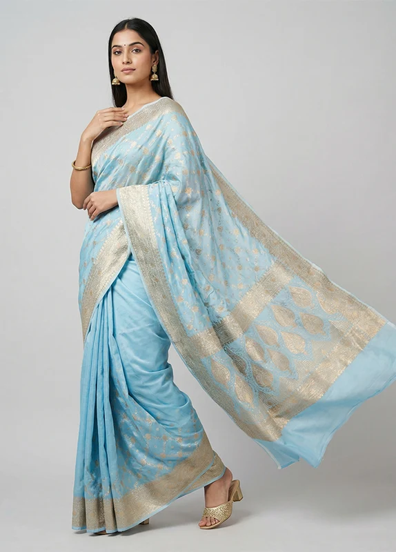 Blue Banarasi Silk Saree With Blouse Piece One Size