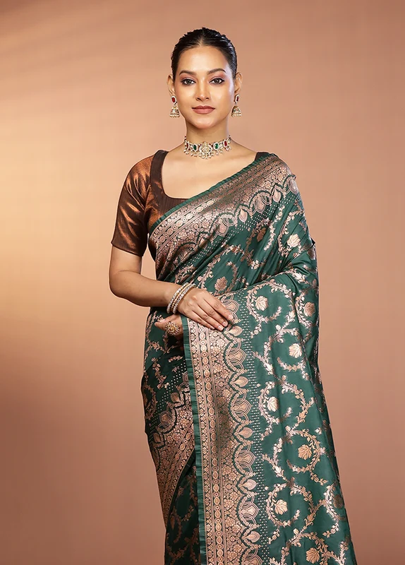 Green Katan Silk Saree With Blouse Piece One Size