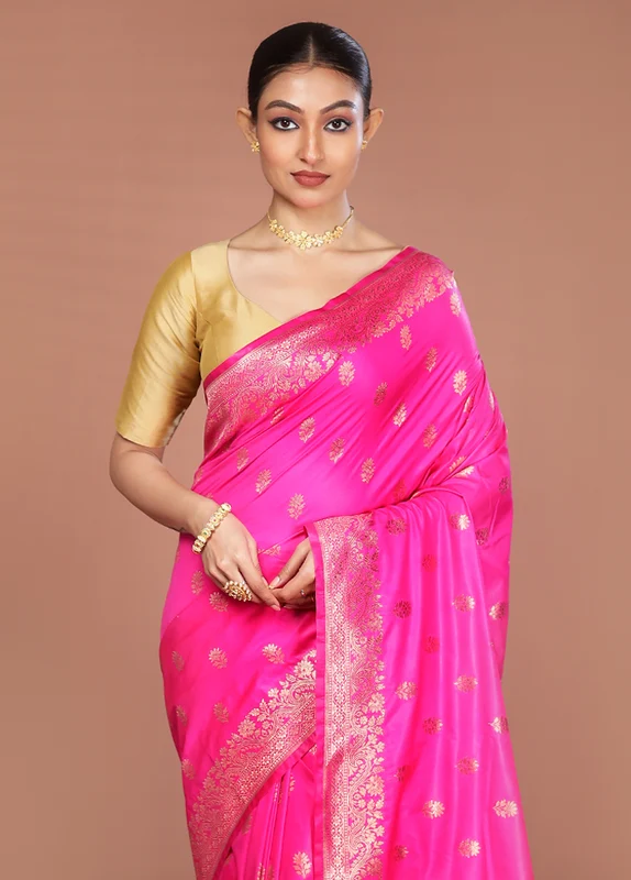 Pink Katan Silk Saree With Blouse Piece One Size