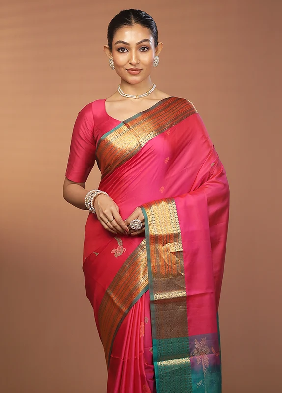 Pink Handloom Kanjivaram Pure Silk Saree With Blouse Piece One Size