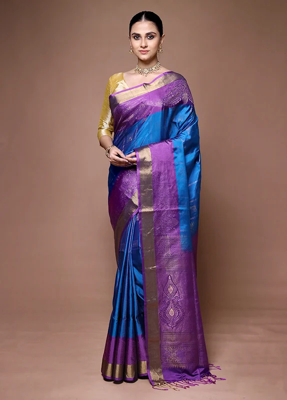 Blue Handloom Kanchipuram Pure Silk Saree With Blouse Piece Onesize