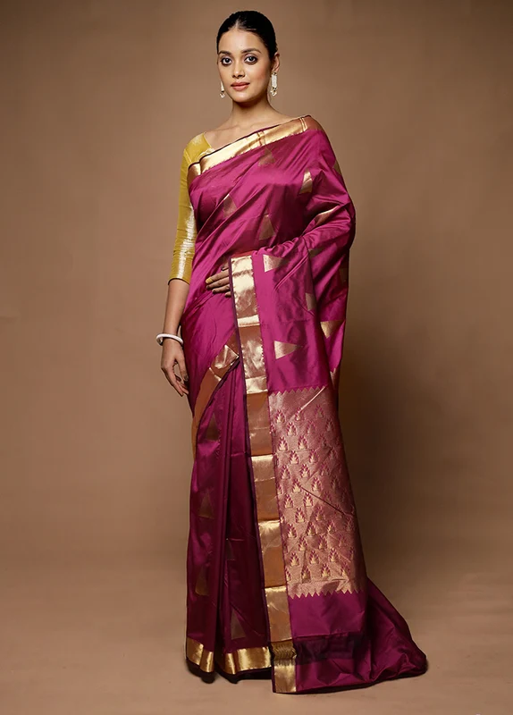 Purple Kanjivaram Silk Saree With Blouse Piece Onesize