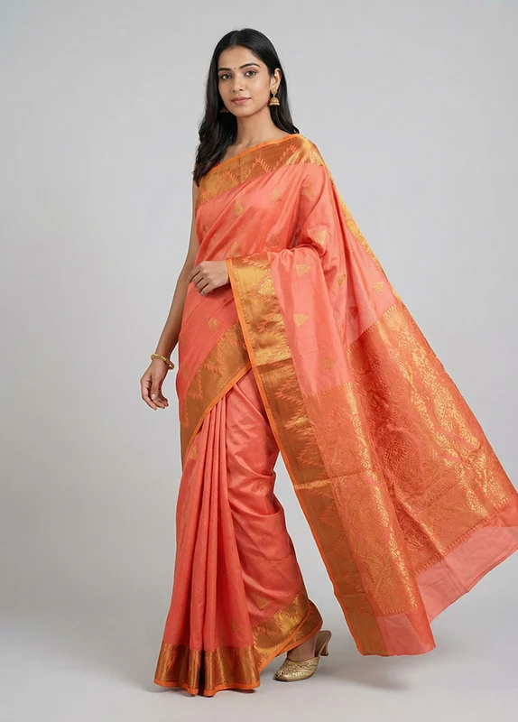 Orange Kanjivaram Silk Saree With Blouse Piece One Size