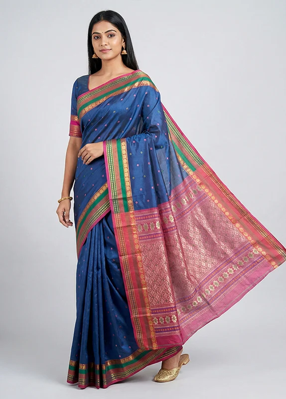 Blue Kanjivaram Silk Saree With Blouse Piece One Size
