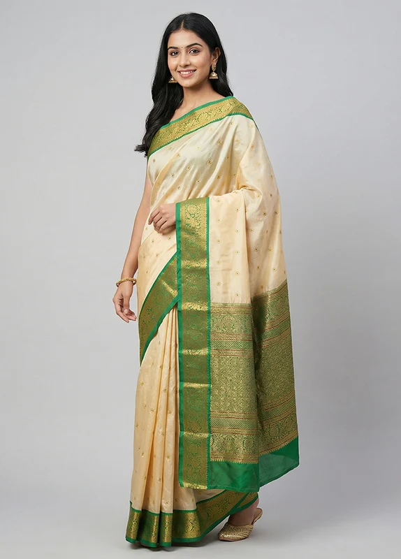 Cream Handloom Kanjivaram Pure Silk Saree With Blouse Piece One Size