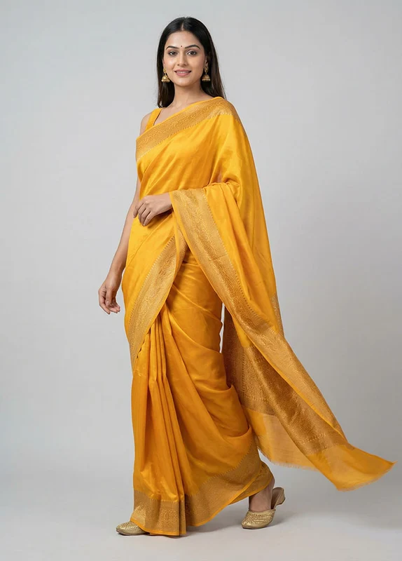 Yellow Georgette Saree With Blouse Piece One Size