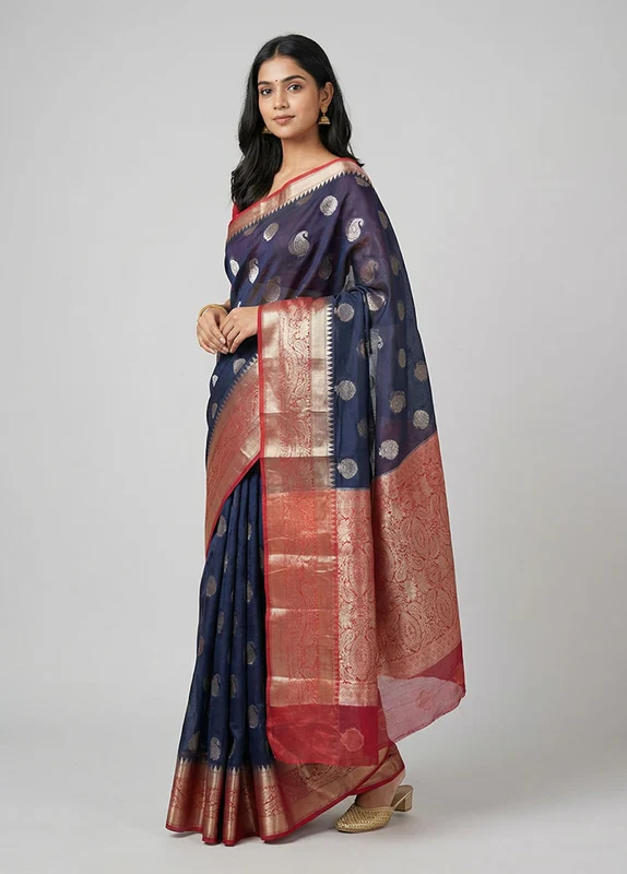 Black Handloom Dupion Silk Saree With Blouse Piece One Size