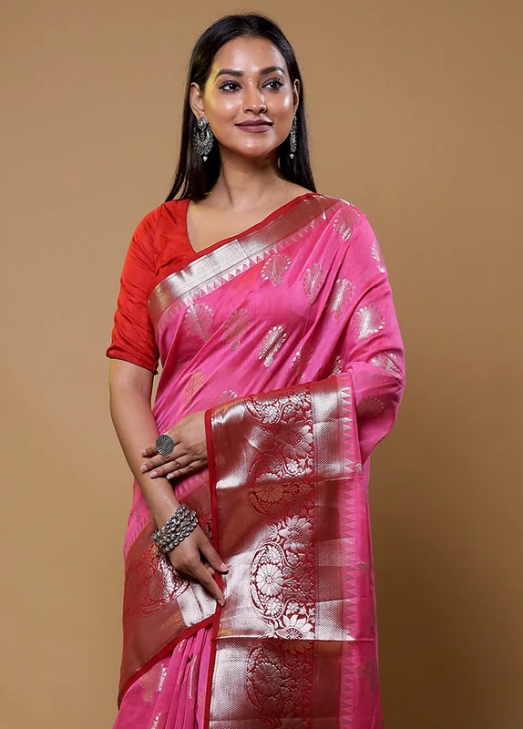 Pink Dupion Silk Saree With Blouse Piece Onesize