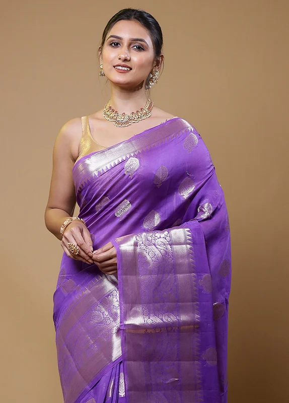 Purple Dupion Silk Saree With Blouse Piece Onesize