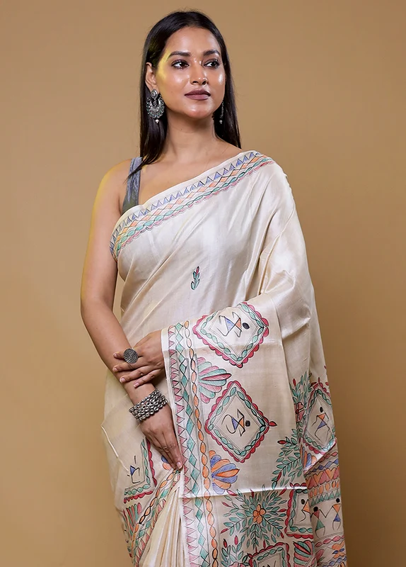 Cream Handloom Tussar Pure Silk Saree With Blouse Piece Onesize