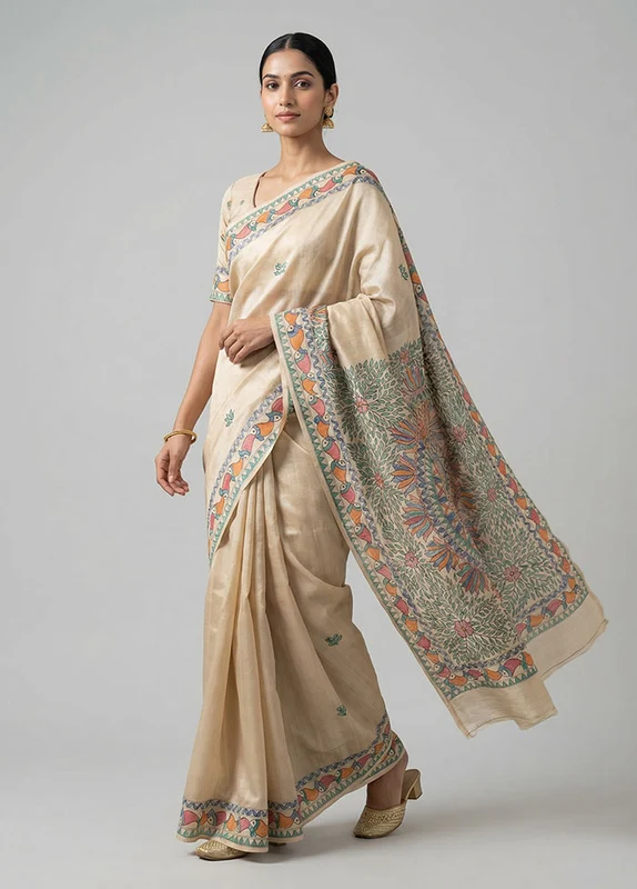 Cream Handloom Tussar Pure Silk Saree With Blouse Piece One Size