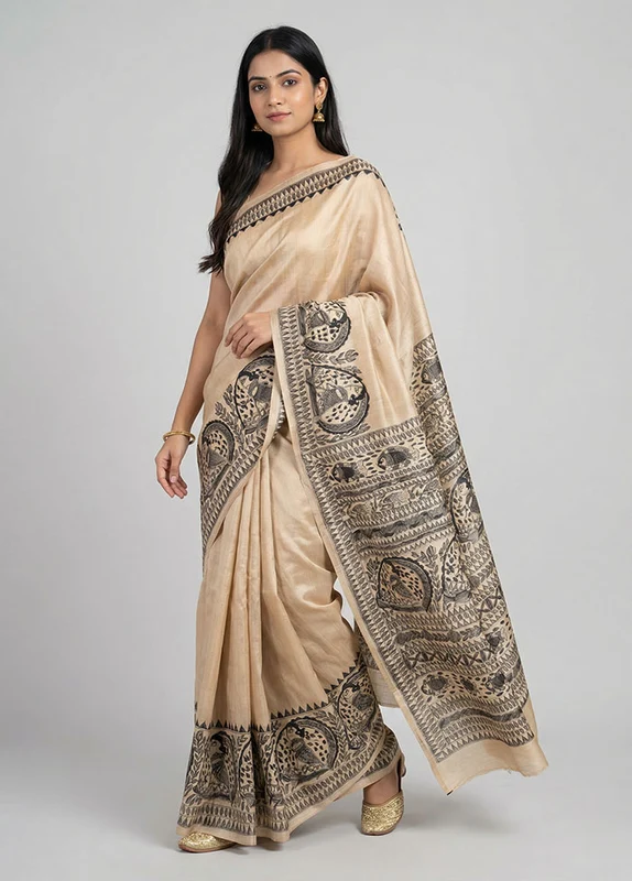 Cream Handloom Tussar Pure Silk Saree With Blouse Piece One Size