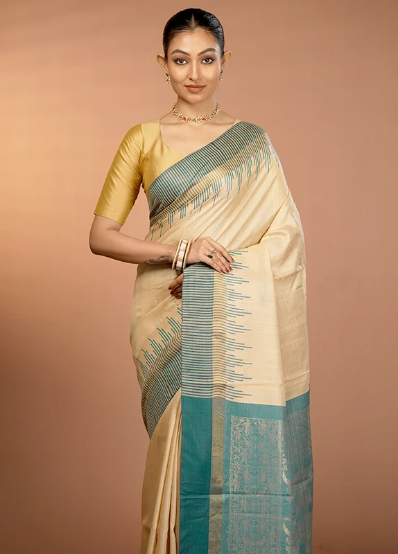 Cream Handloom Tussar Pure Silk Saree With Blouse Piece Onesize