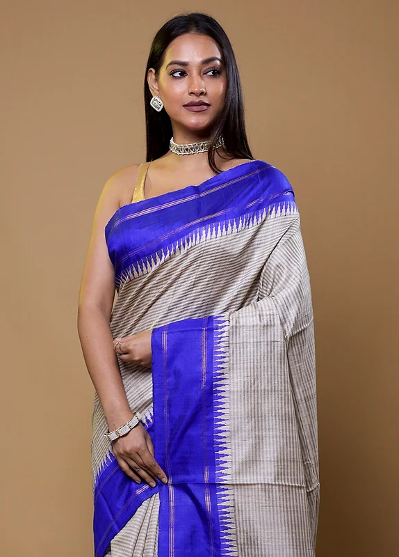 Cream Handloom Tussar Pure Silk Saree With Blouse Piece Onesize