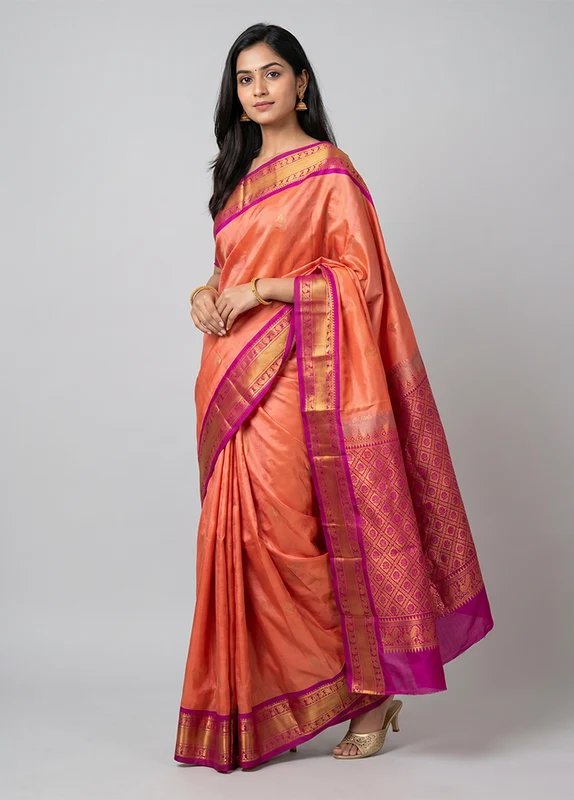 Peach Kanjivaram Silk Saree With Blouse Piece One Size