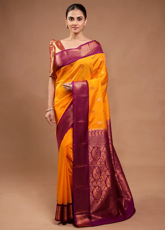 Yellow Kanjivaram Silk Saree With Blouse Piece Onesize