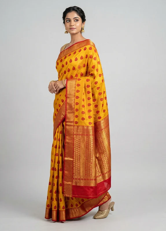 Yellow Handloom Assam Pure Silk Saree With Blouse Piece One Size