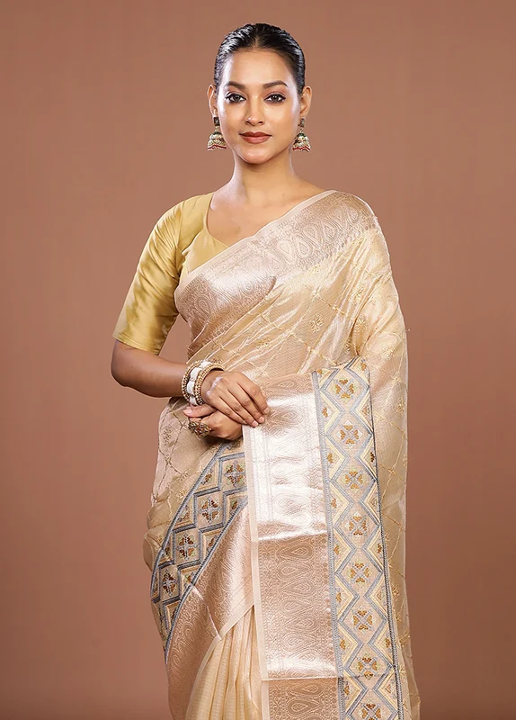 Cream Tissue Silk Saree With Blouse Piece One Size