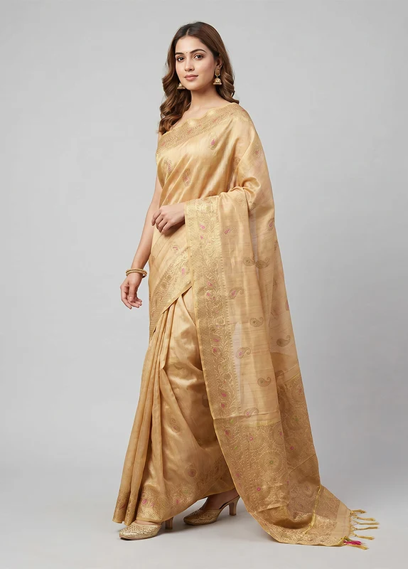Cream Tussar Silk Saree With Blouse Piece One Size
