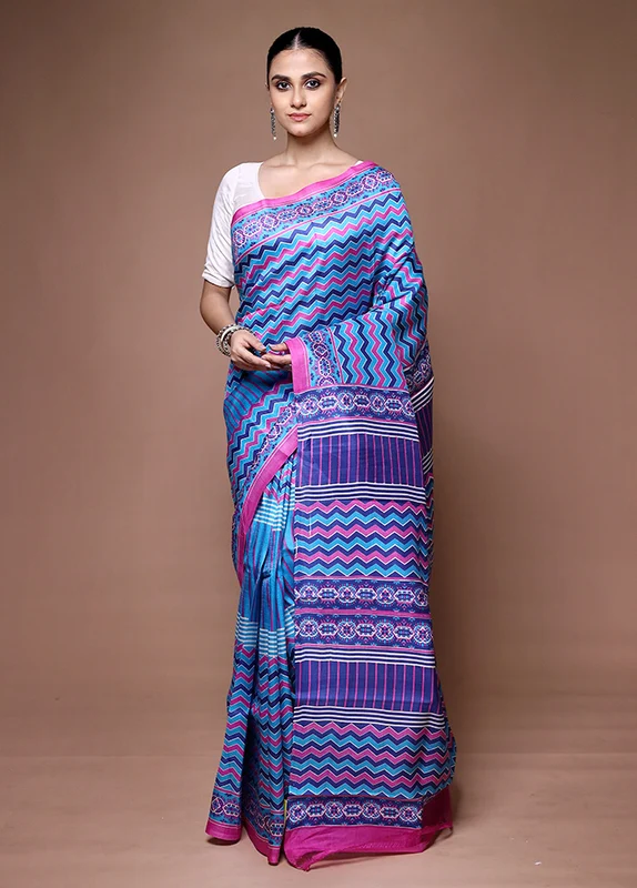 Blue Printed Silk Saree With Blouse Piece Onesize