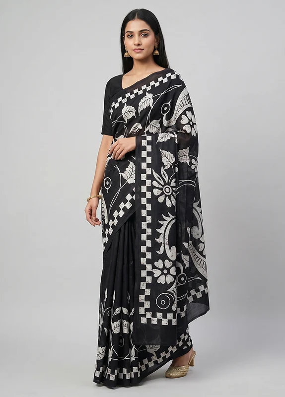 Black Printed Silk Saree Without Blouse Piece One Size