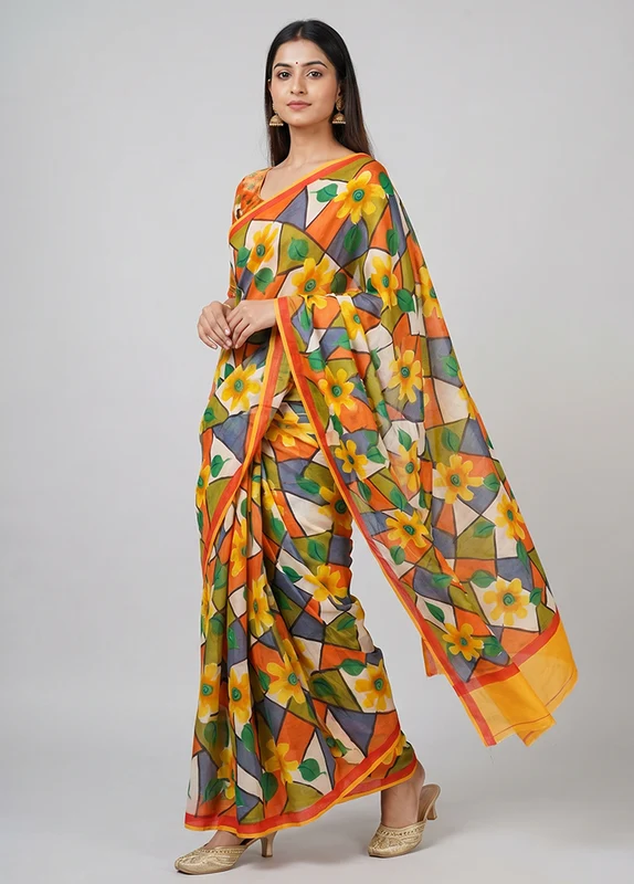 Yellow Printed Silk Saree Without Blouse Piece One Size