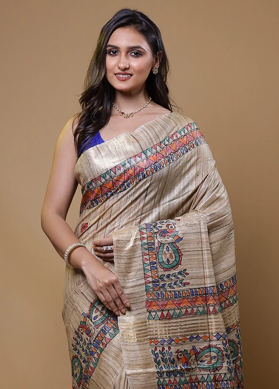 Cream Tussar Silk Saree With Blouse Piece Onesize